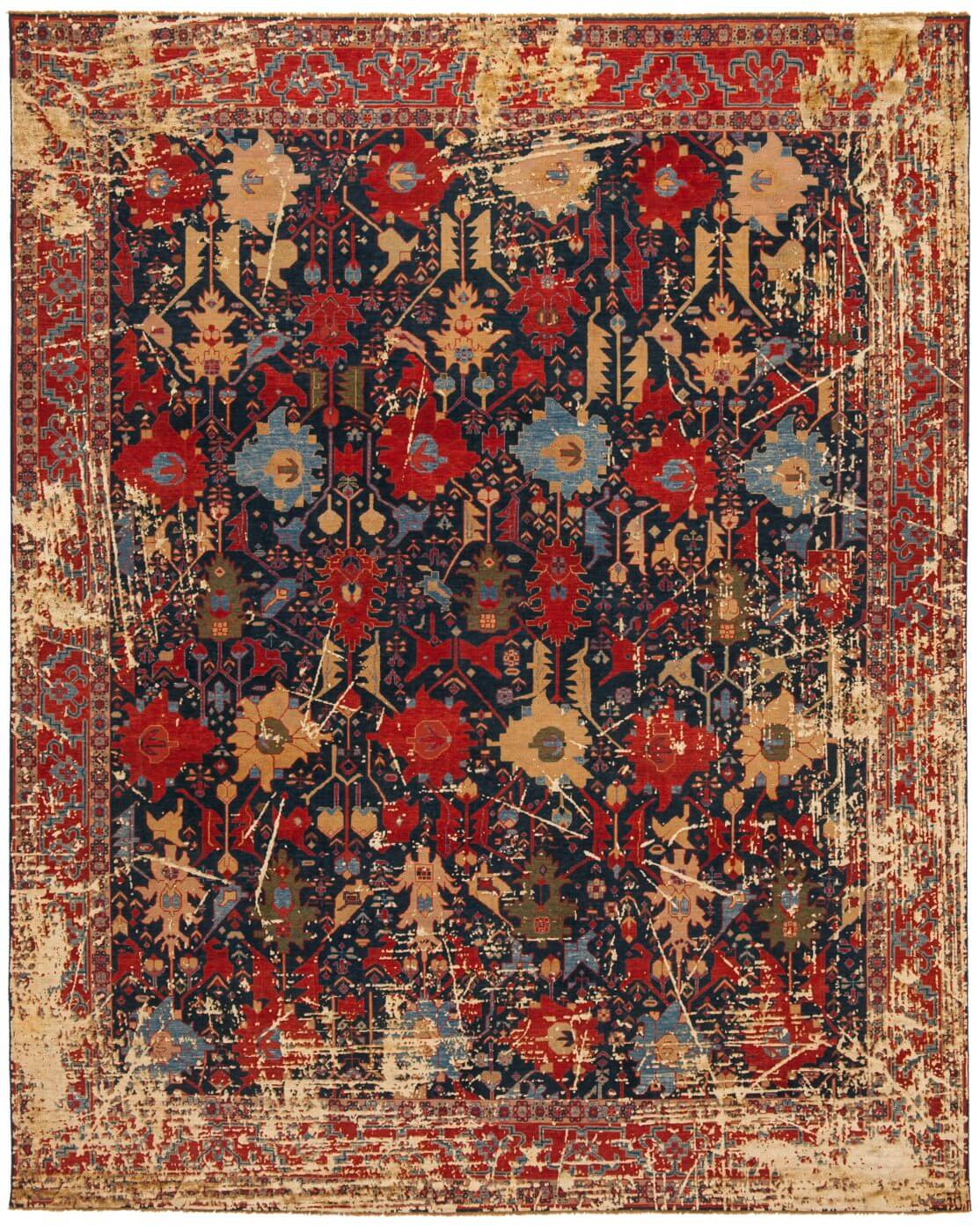 Tapis Bidjar Leyton Rayé Bleu Marine Blanc Cassé Soie