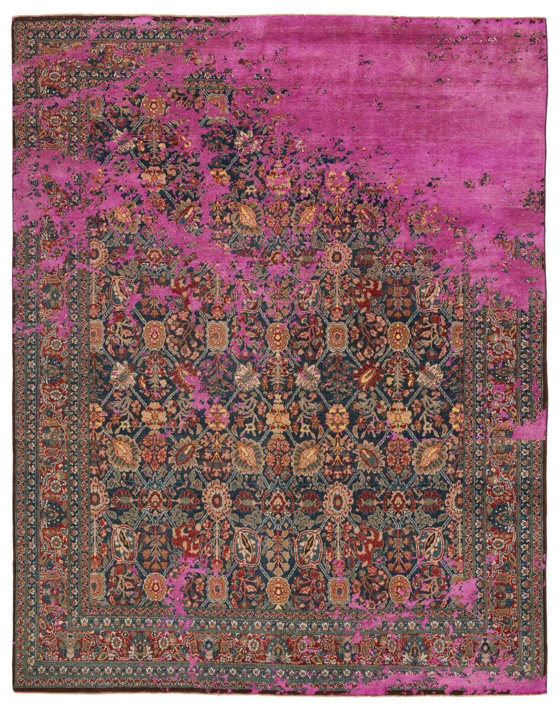 Tapis Tabriz Canal Rocked Bleu Marine Rose Néon Soie | Taille: 250 x 300 cm