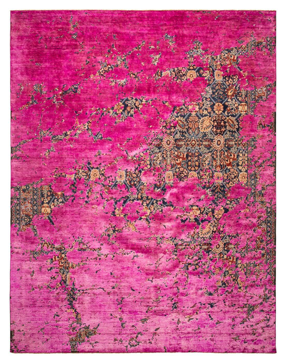 Tapis Tabriz Canal Aerial Bleu Marine Rose Néon Soie | Taille: 300 x 400 cm