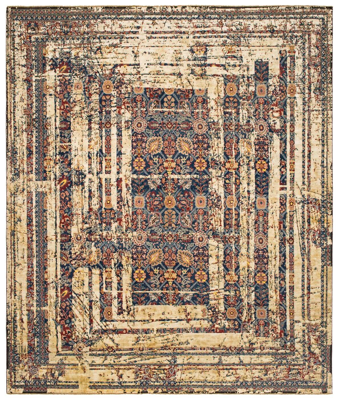 Tapis Tabriz Canal Cadre Bleu Marine Blanc Cassé Soie