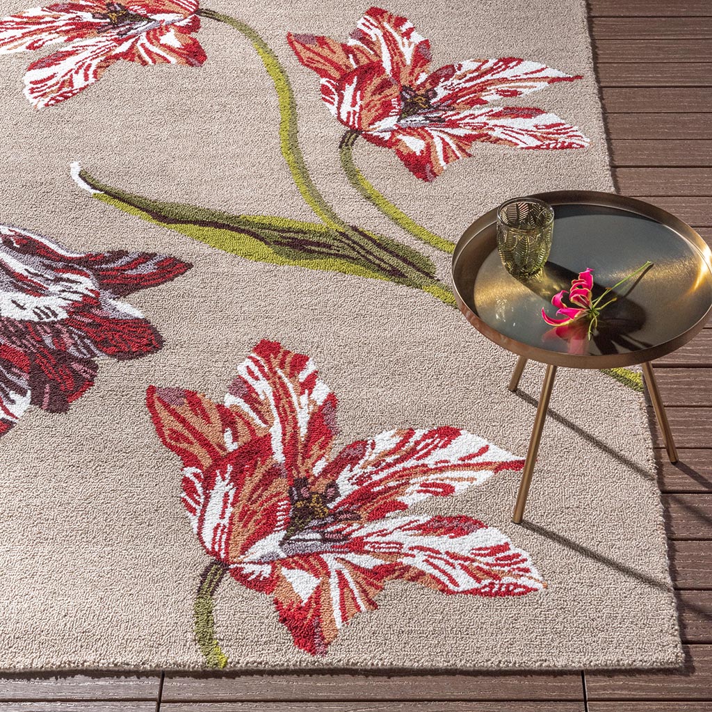 Tapis d’extérieur Botanical Tulip Beige / Rouge | Taille: 250 x 350 cm
