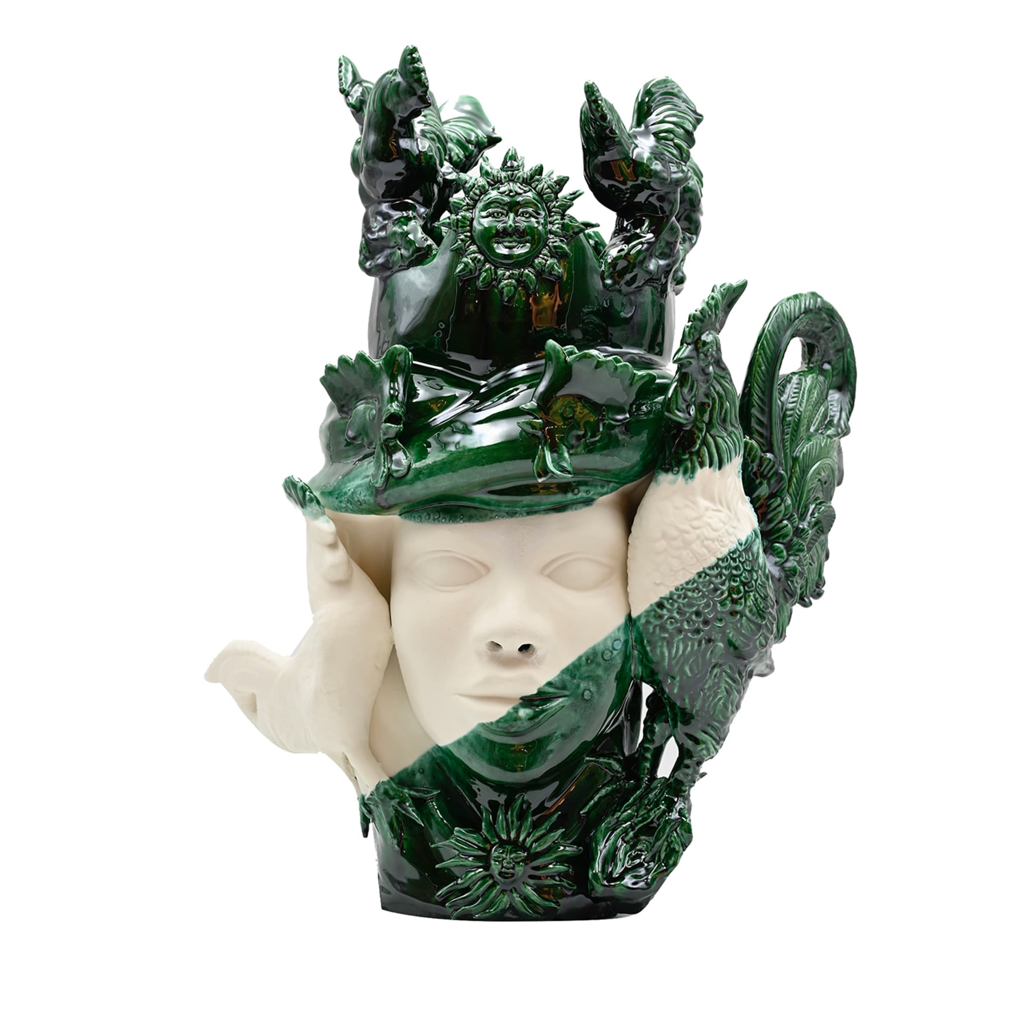Sculpture Unique Tête De Maure Vert Et Blanc