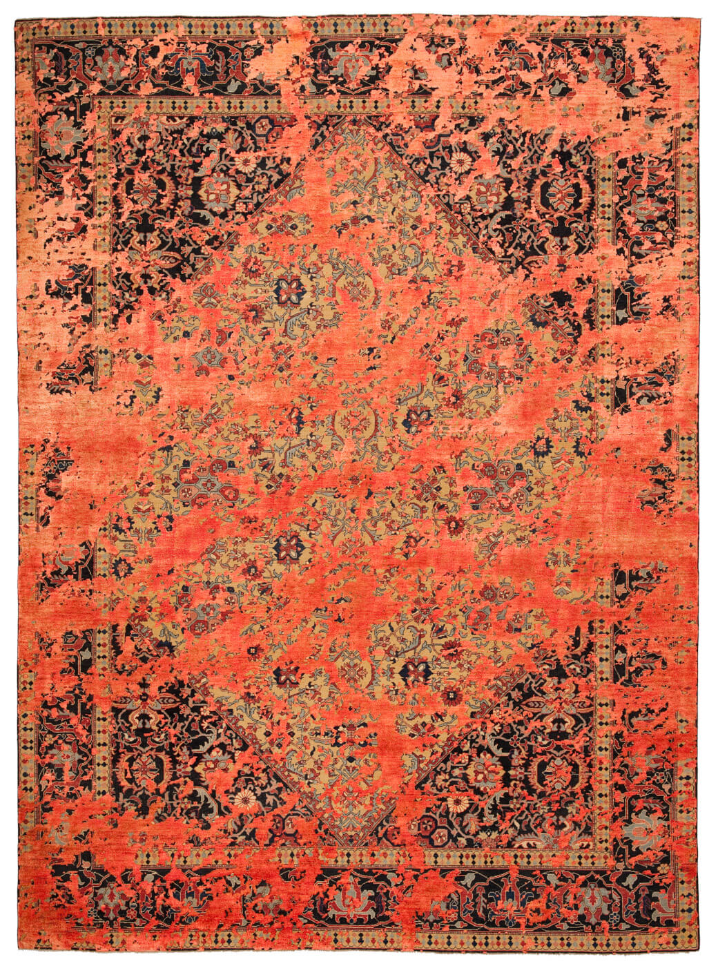 Tapis Serapi Queensbury Double Ciel Blanc Orange Néon Soie | Taille: 250 x 300 cm
