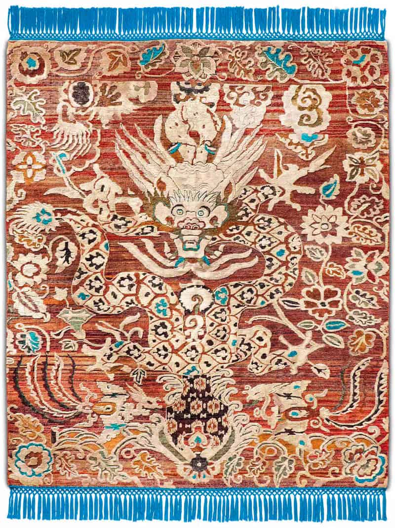 Tapis noué main Dragon Bleu / Rouge