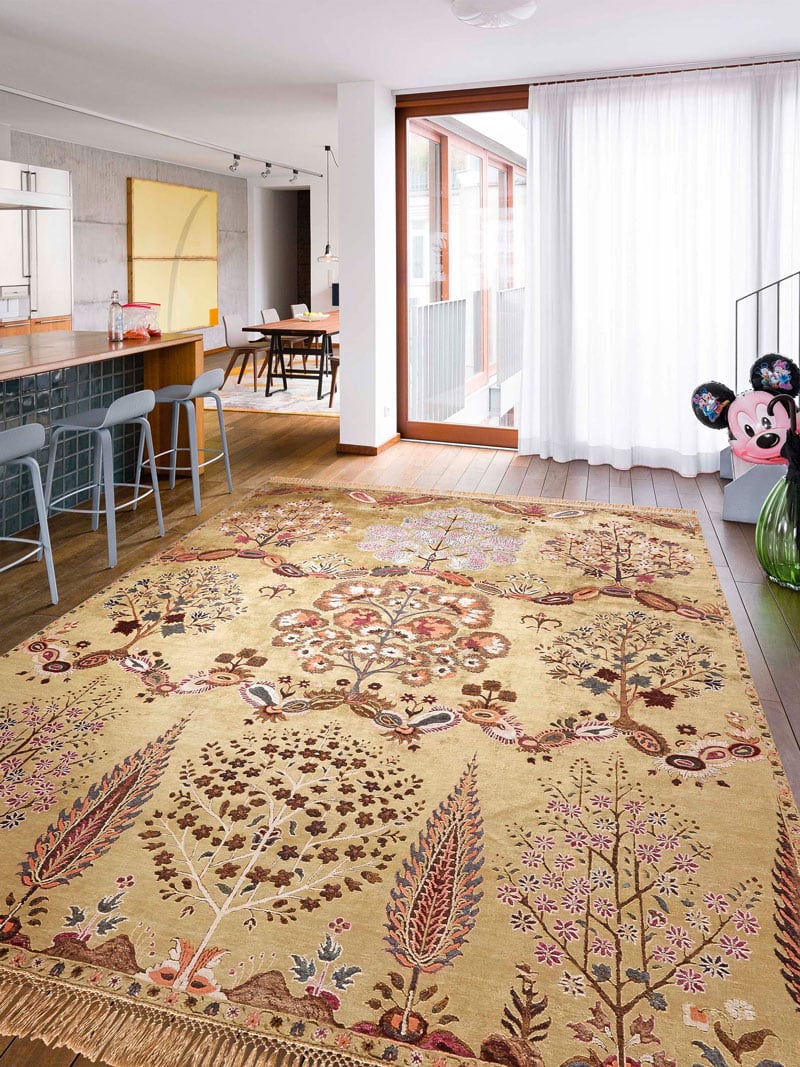 Tapis fait main de luxe Mughal Jaune | Taille: 122 x 183 cm