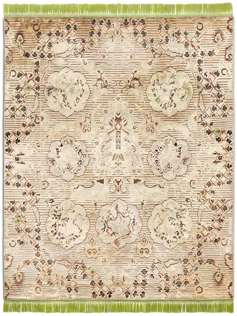 Tapis noué main Dragon Vert / Beige | Taille: 274 x 365 cm