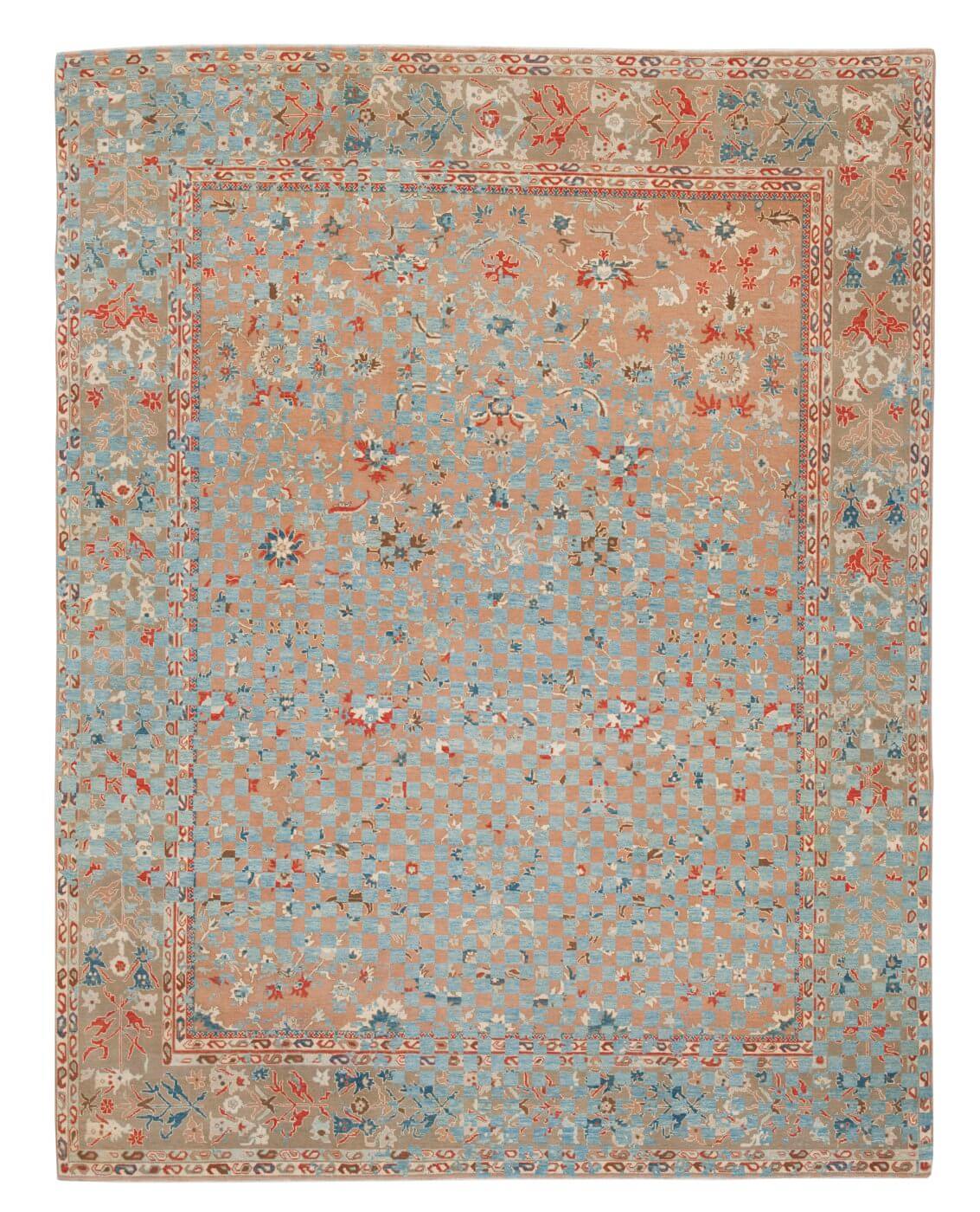 Tapis Sulthanabad Madison Damier Raved Pêche Bleu