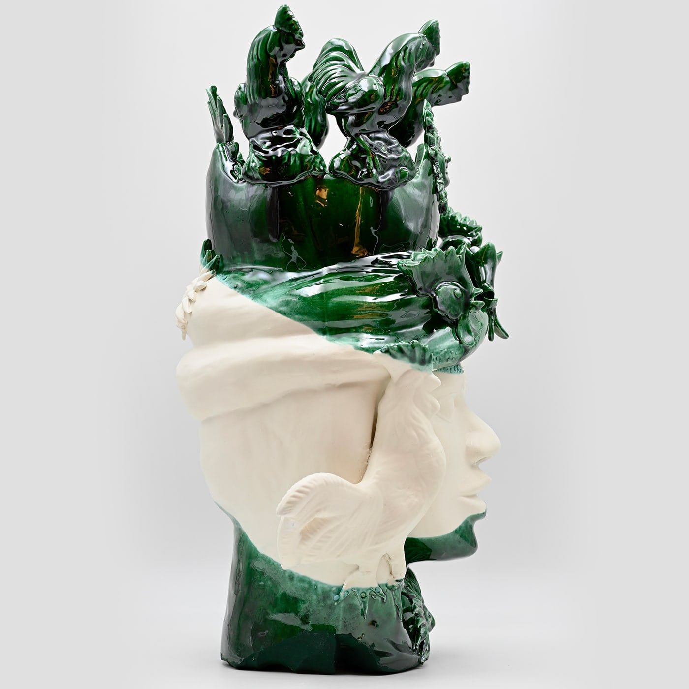 Sculpture Unique Tête De Maure Vert Et Blanc