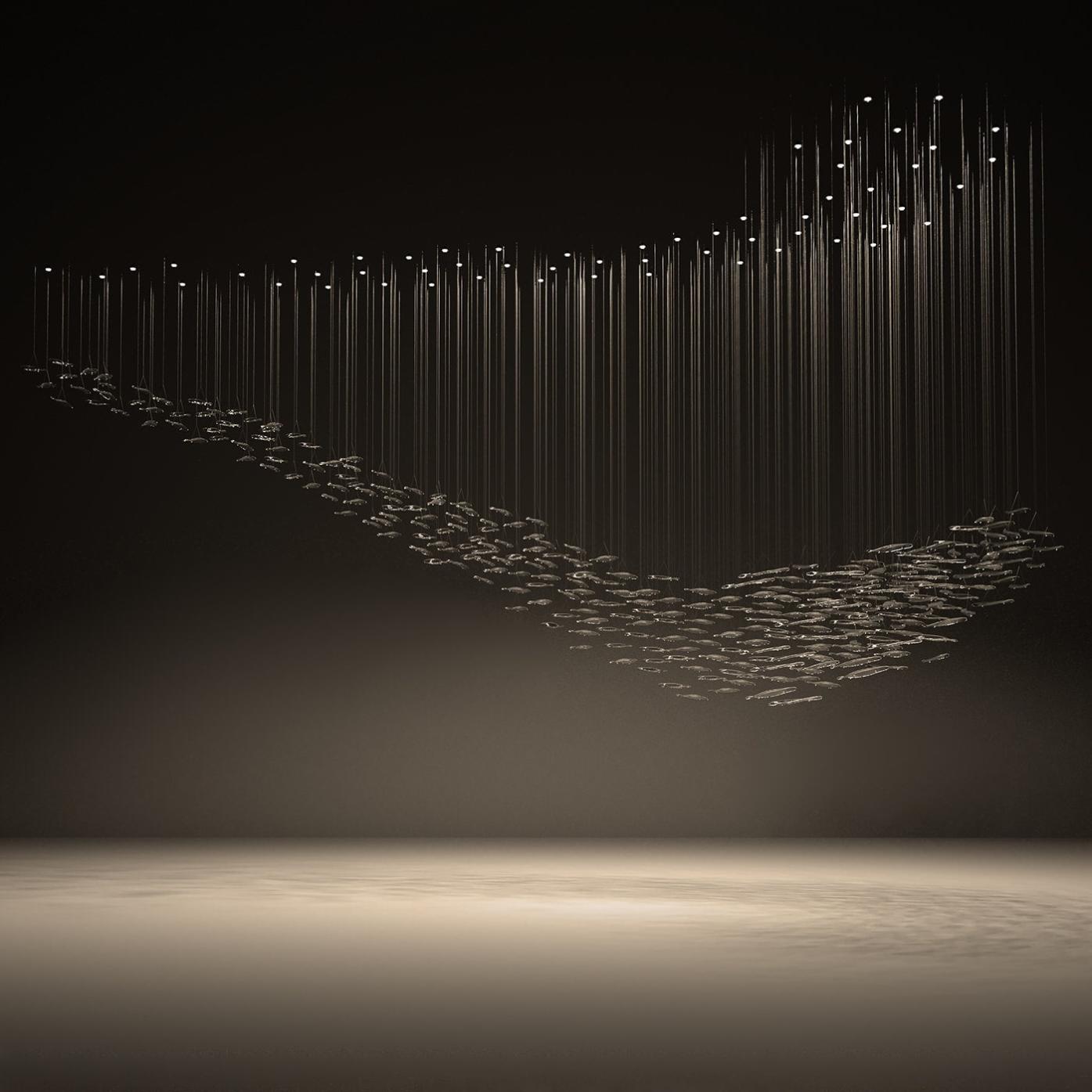 Lustre Cascade Feuilles en Verre Contemporain