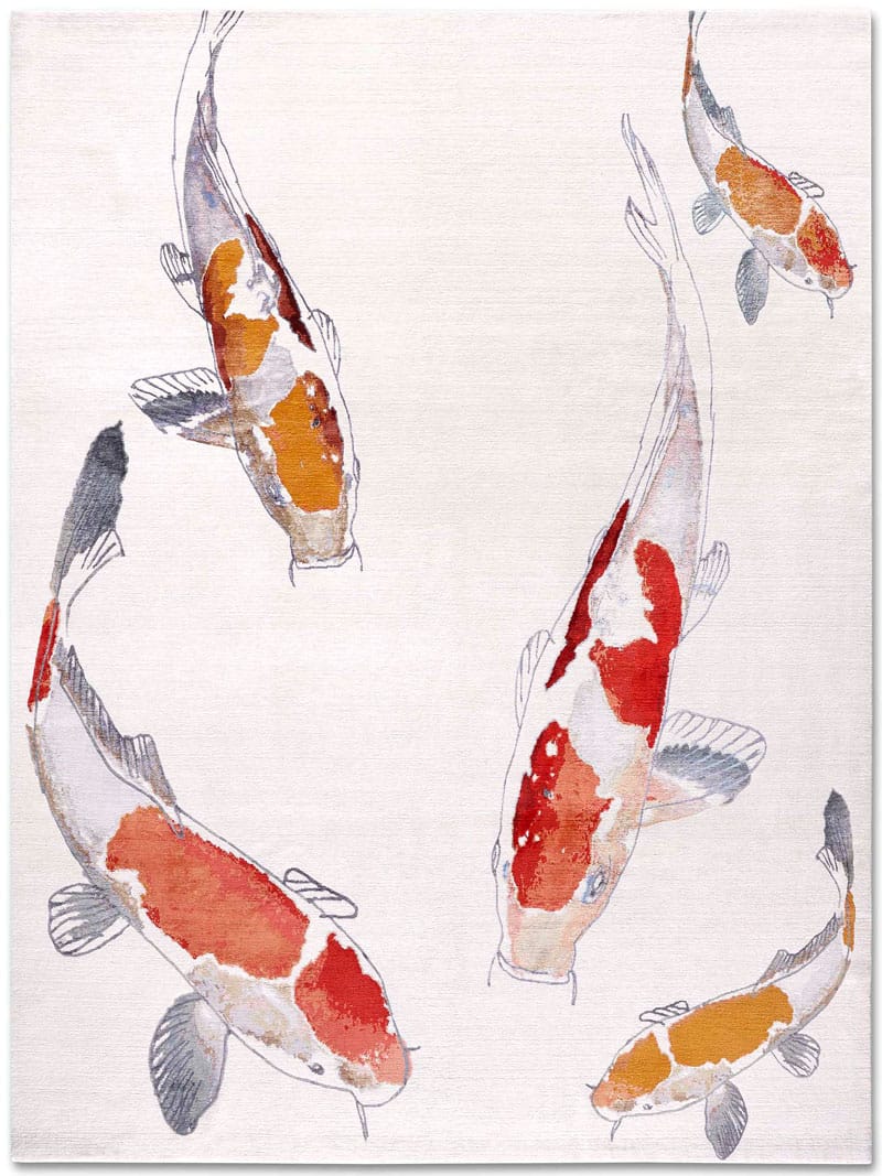 Tapis noué main de luxe Poisson Original sur Blanc