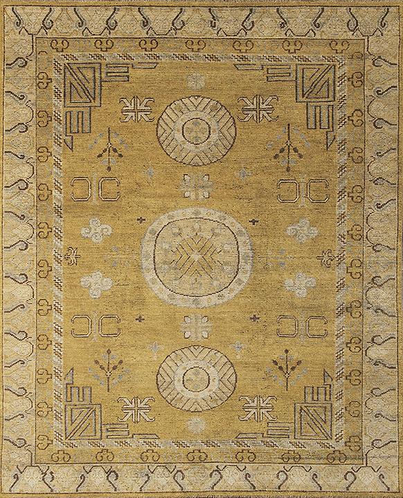 Tapis Jaune en Laine Khotan Noué à la Main
