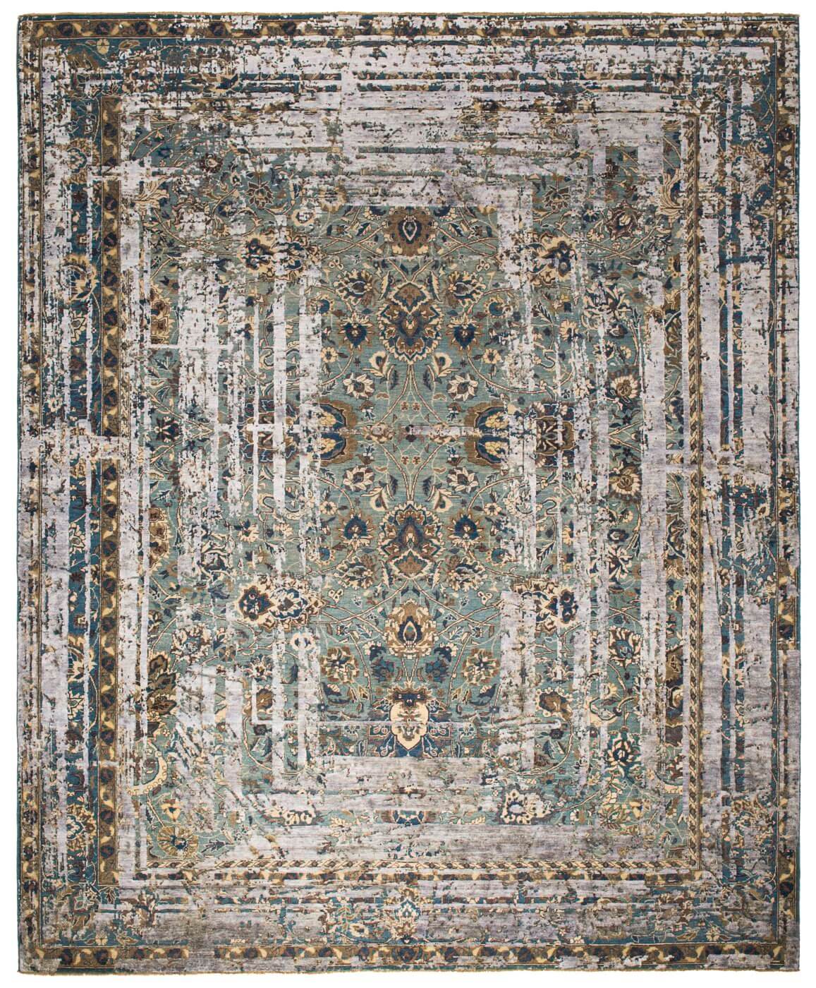 Tapis Kirman Fleur Cadre Vert Gris Foncé Soie