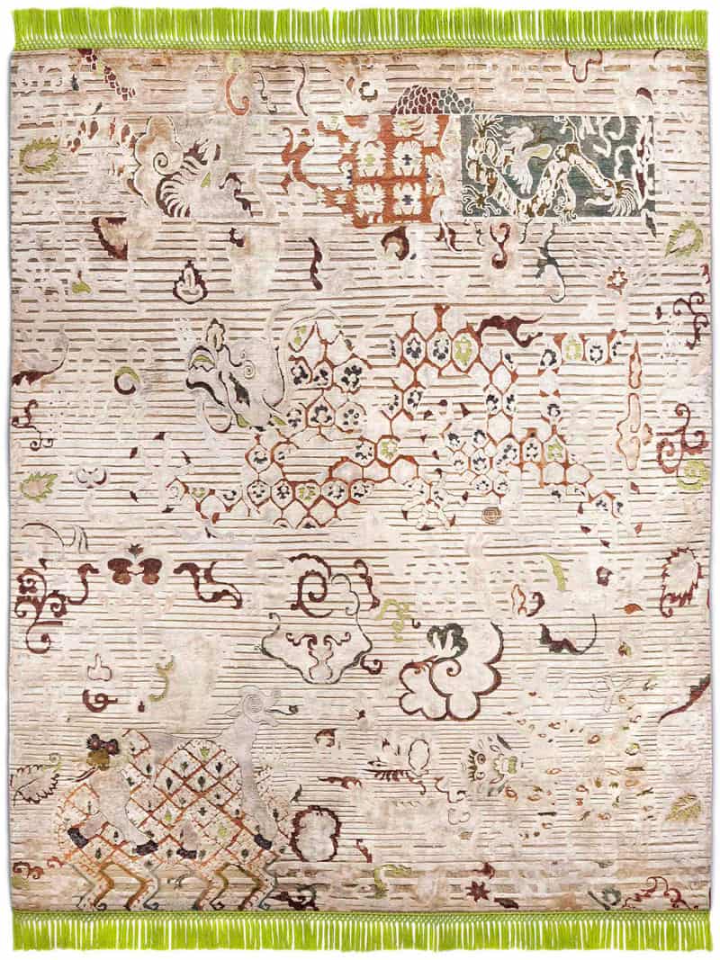 Tapis noué main Dragon Vert / Beige