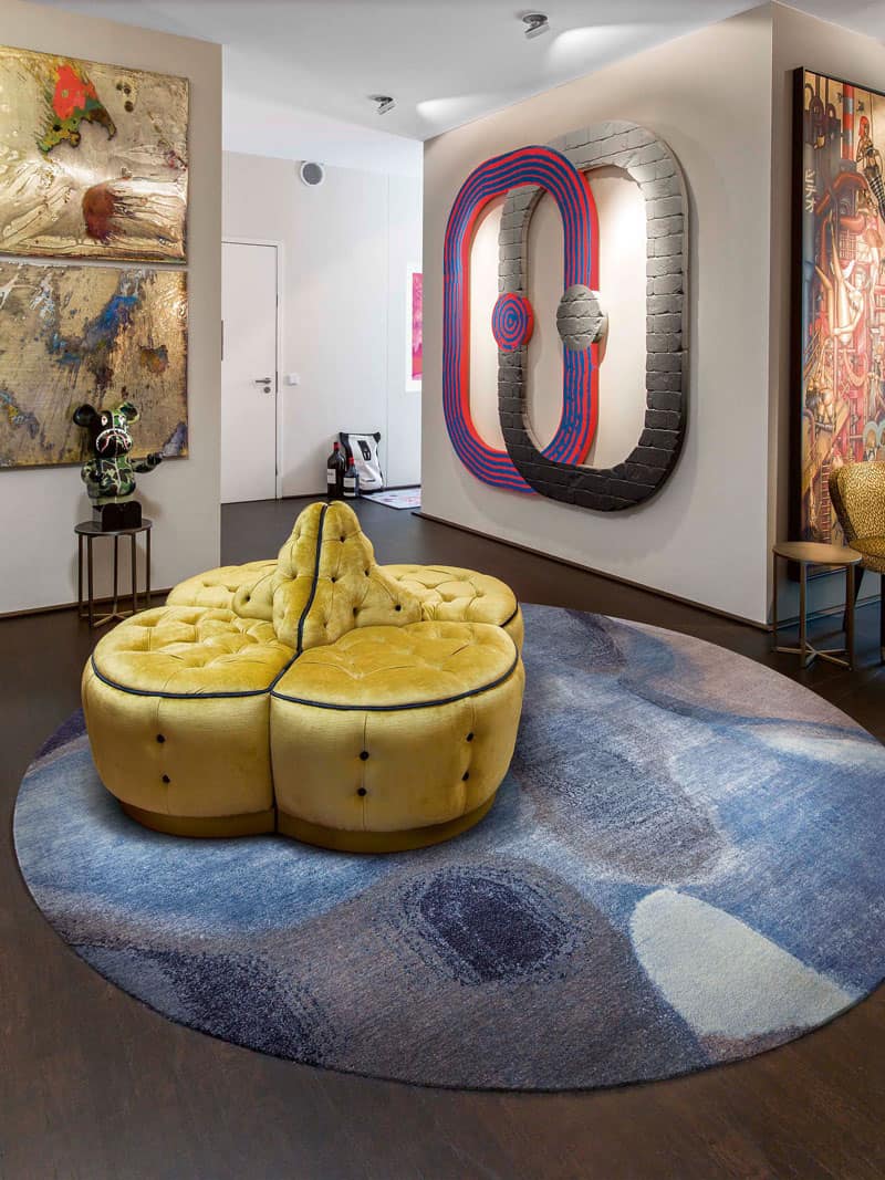 Tapis rond fait main de luxe Bleu Gris
