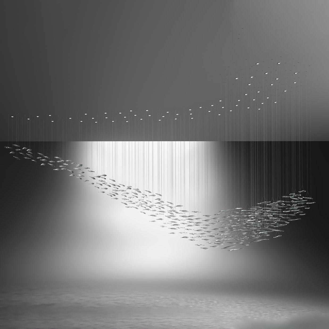 Lustre Cascade Feuilles en Verre Contemporain