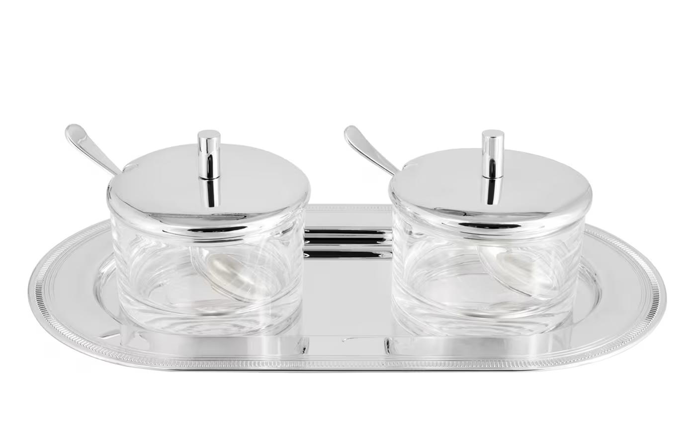 Duo De Pots À Confiture Avec Plateau De Service Argenté