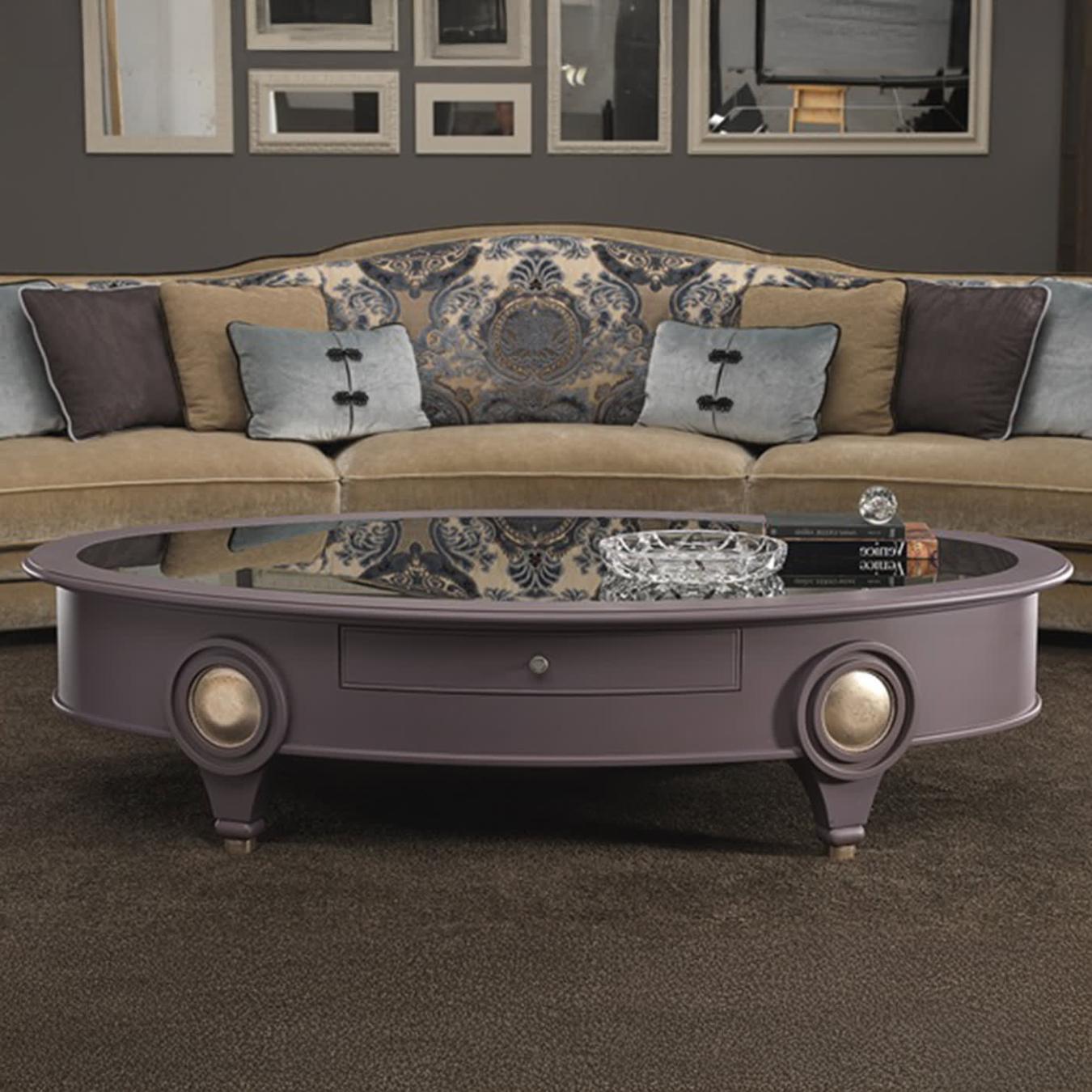 Table basse ovale avec plateau en miroir fumé