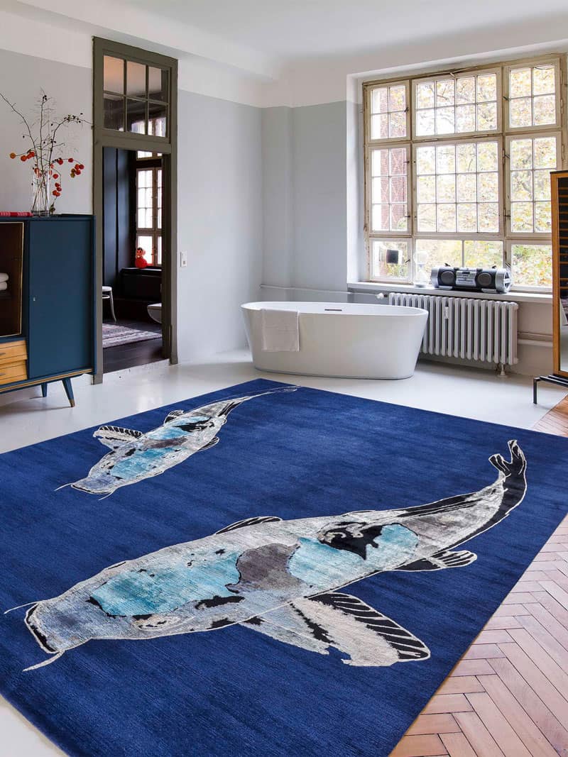 Tapis noué main de luxe Poisson Bleu
