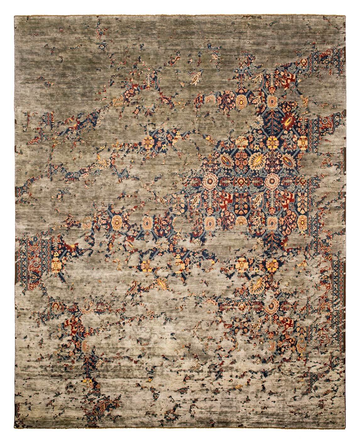 Tapis Tabriz Canal Aerial Bleu Marine Gris Foncé Soie