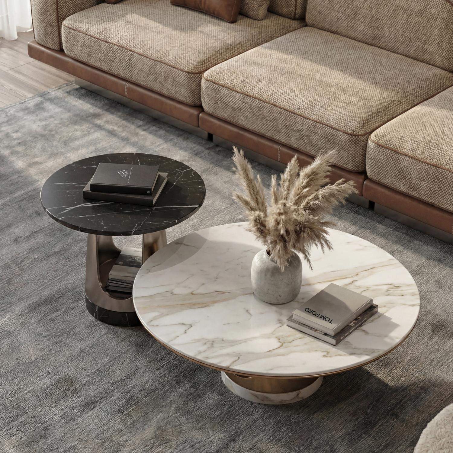 Table basse ronde Aura avec plateau en pierre foncée