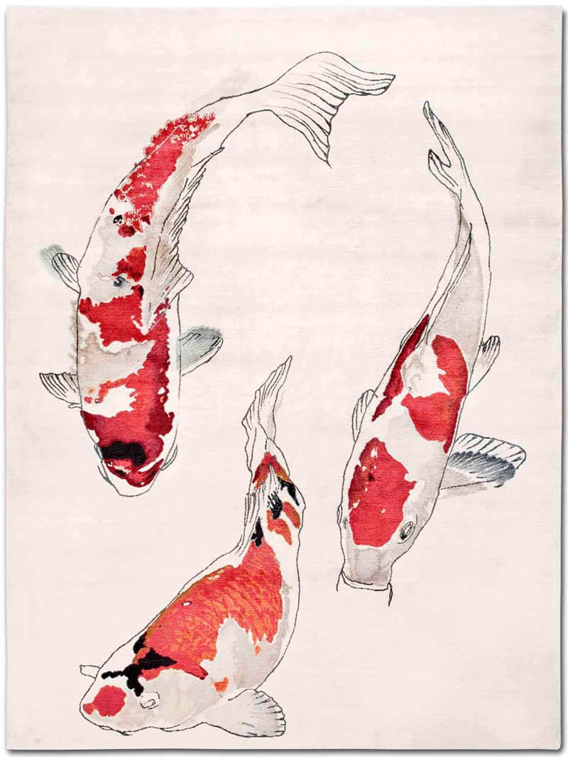 Tapis noué main de luxe Poisson Original sur Blanc