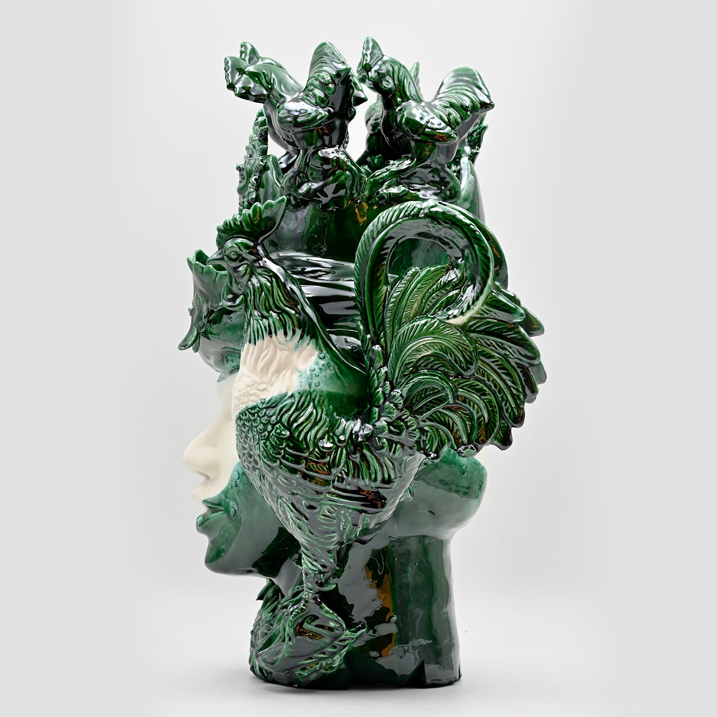 Sculpture Unique Tête De Maure Vert Et Blanc