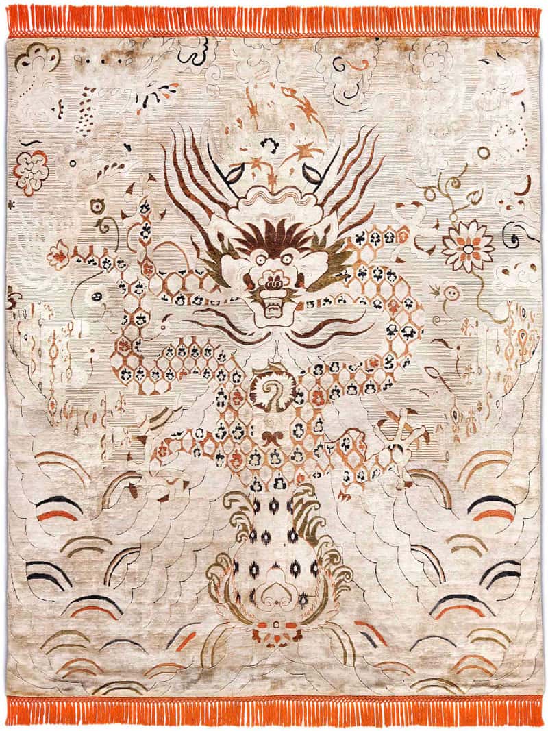 Tapis noué main Dragon Orange / Crème