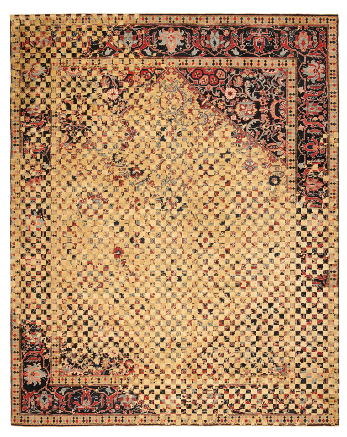 Tapis Serapi Queensbury Damier Raved Noir Doré Soie