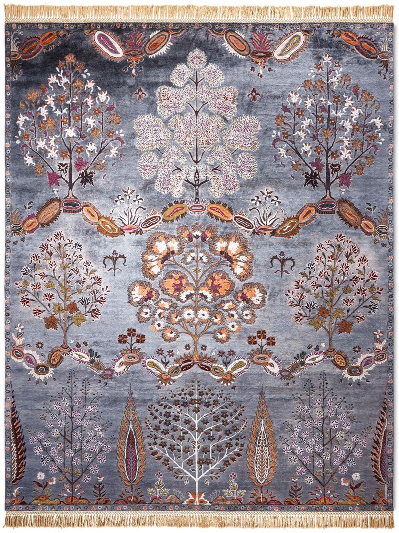 Tapis fait main de luxe Mughal Charbon