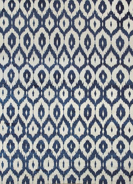 Tapis Bleu en Laine Ikat Noué à la Main