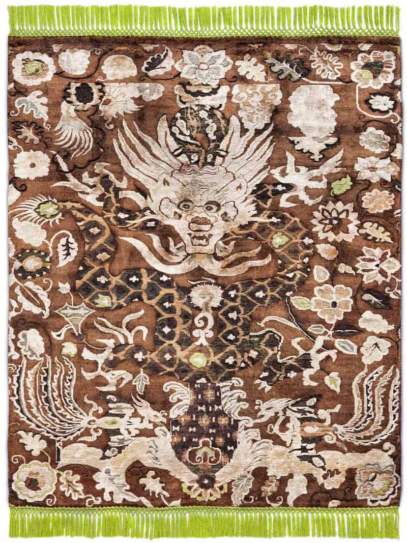 Tapis noué main Dragon Vert / Beige