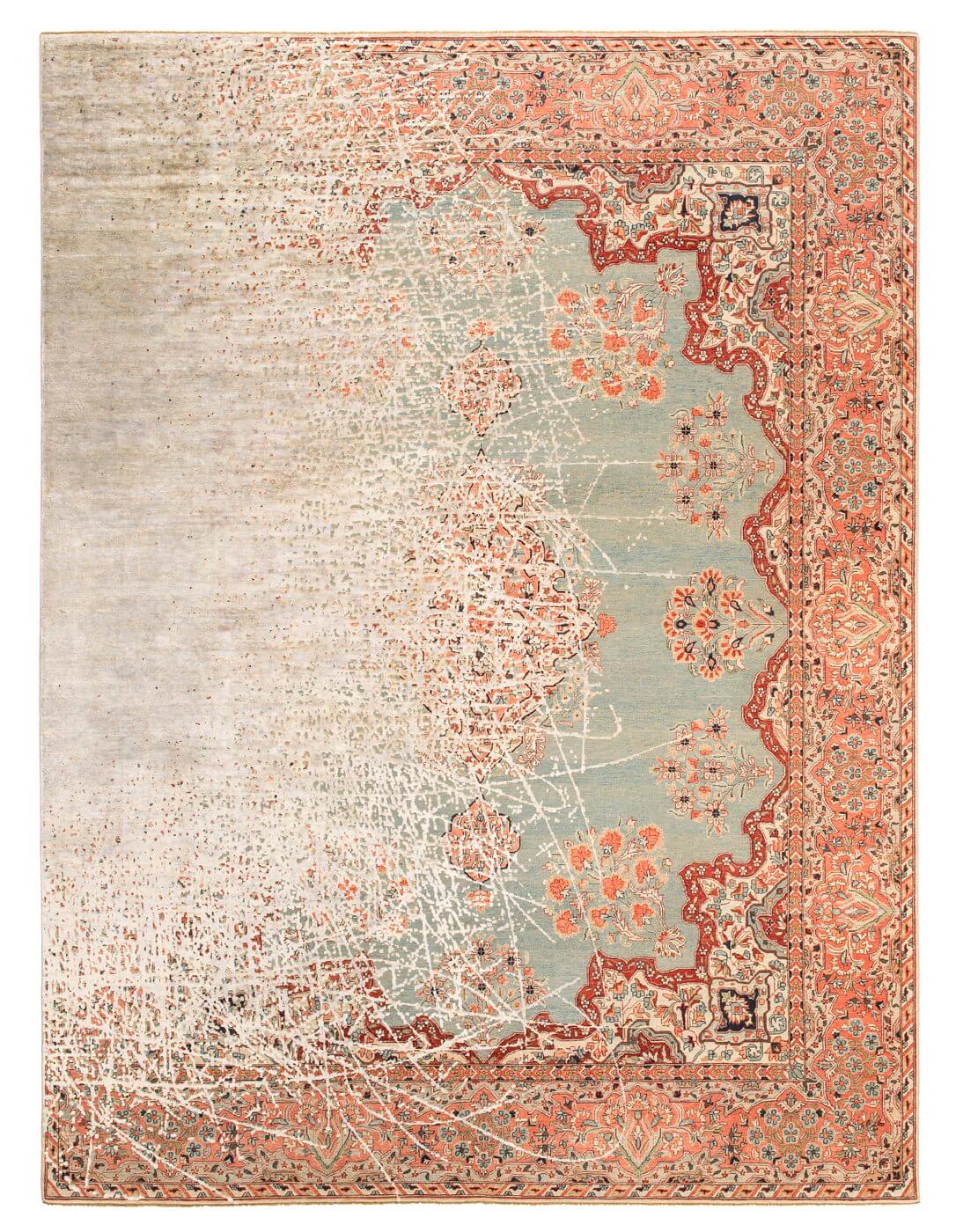 Tapis Kirman Robson Accompagnant Bleu Gris Argent Soie