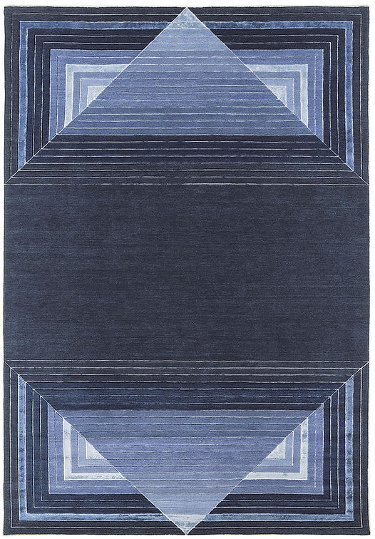 Tapis Géométrique Bleu en Laine et Viscose Noué à la Main