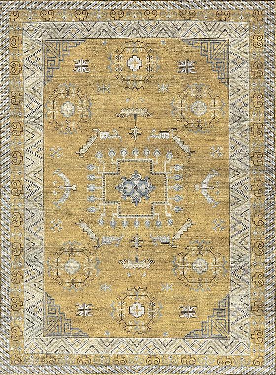 Tapis Jaune en Laine Khotan Noué à la Main