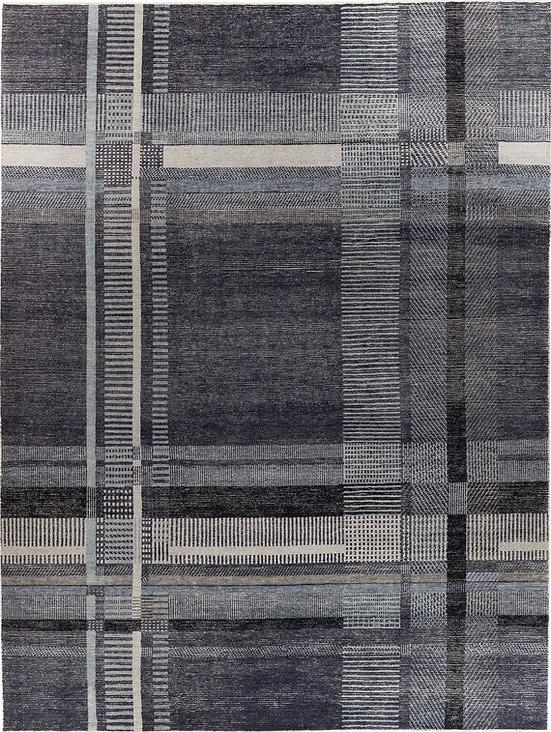 Tapis Turc à Carreaux Gris Noué à la Main
