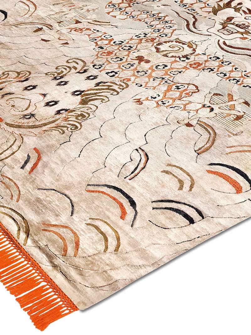 Tapis noué main Dragon Orange / Crème