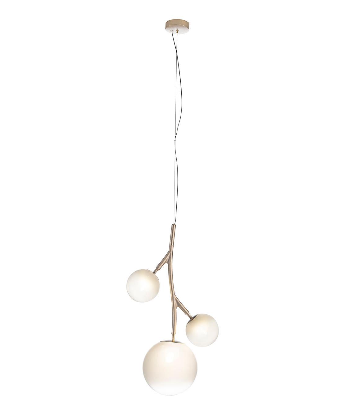 Lustre en Laiton avec Sphères en Verre Blanc