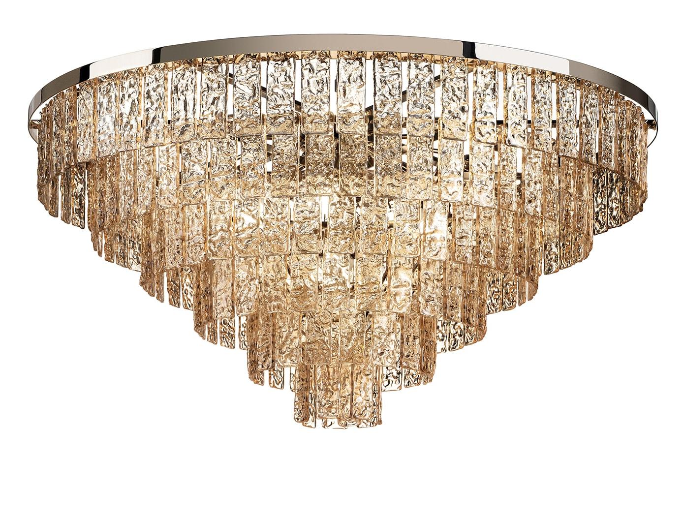 Lustre Rond en Verre Ambré Finition Or