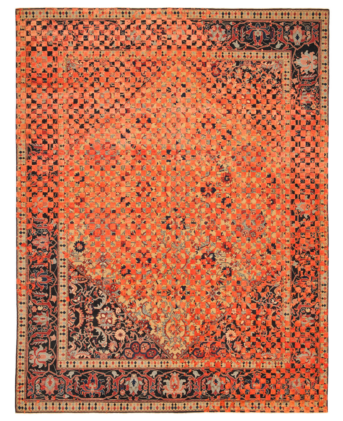 Tapis Serapi Queensbury Damier Raved Jaune Orange Néon Soie | Taille: 250 x 300 cm