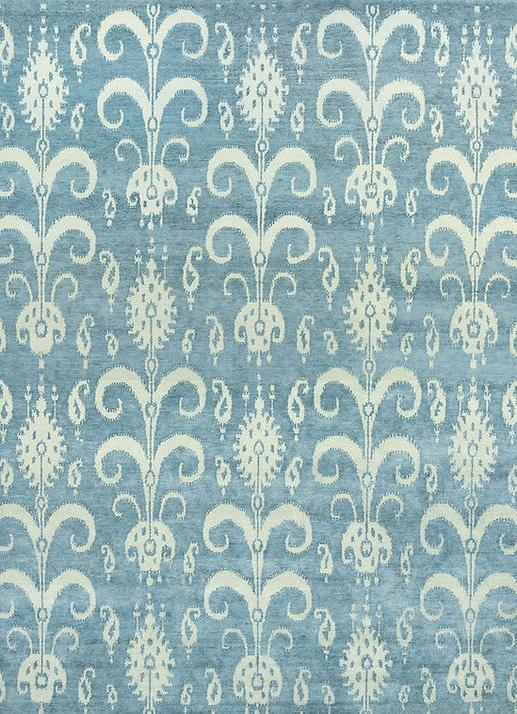 Tapis Bleu en Laine Ikat Noué à la Main