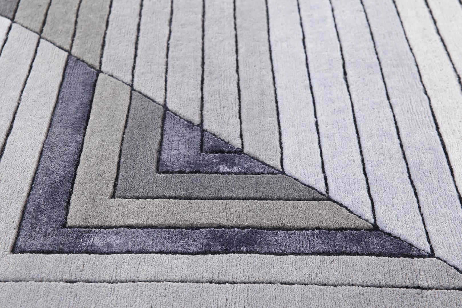 Tapis Géométrique Gris en Laine et Viscose Noué à la Main
