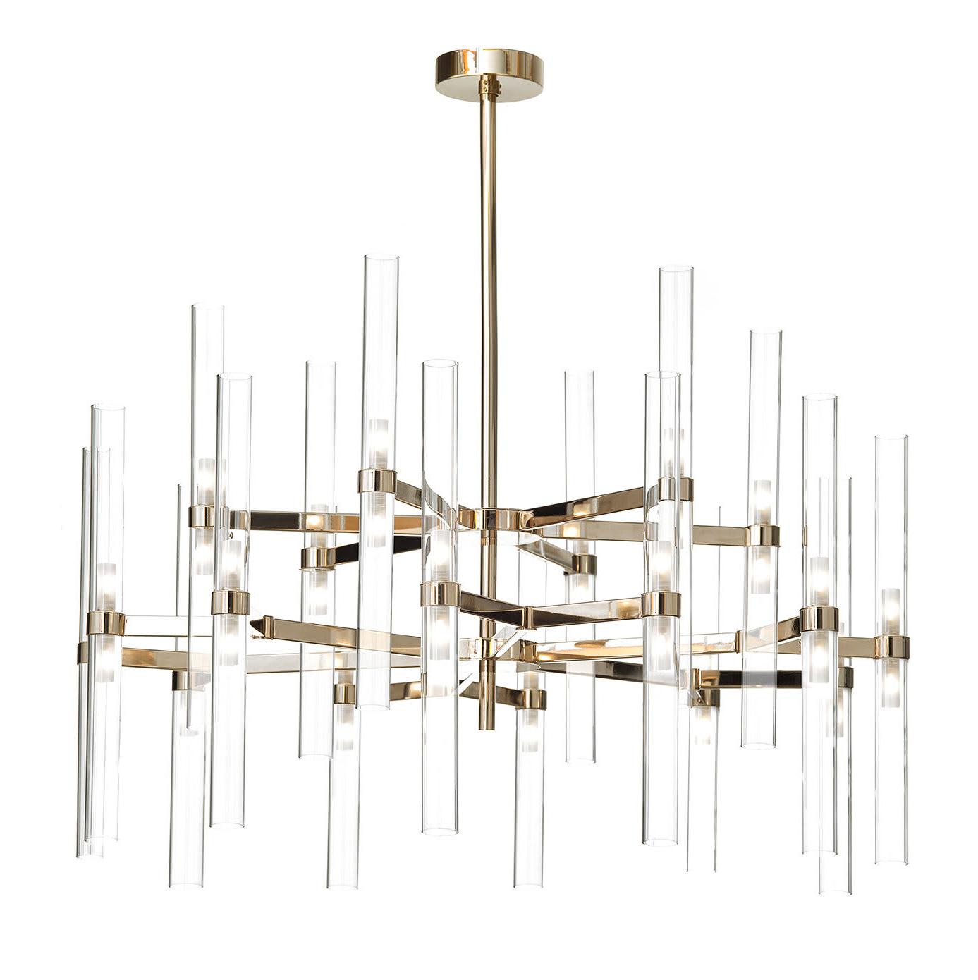 Lustre 36 Lumières Cylindres en Verre Or Doux