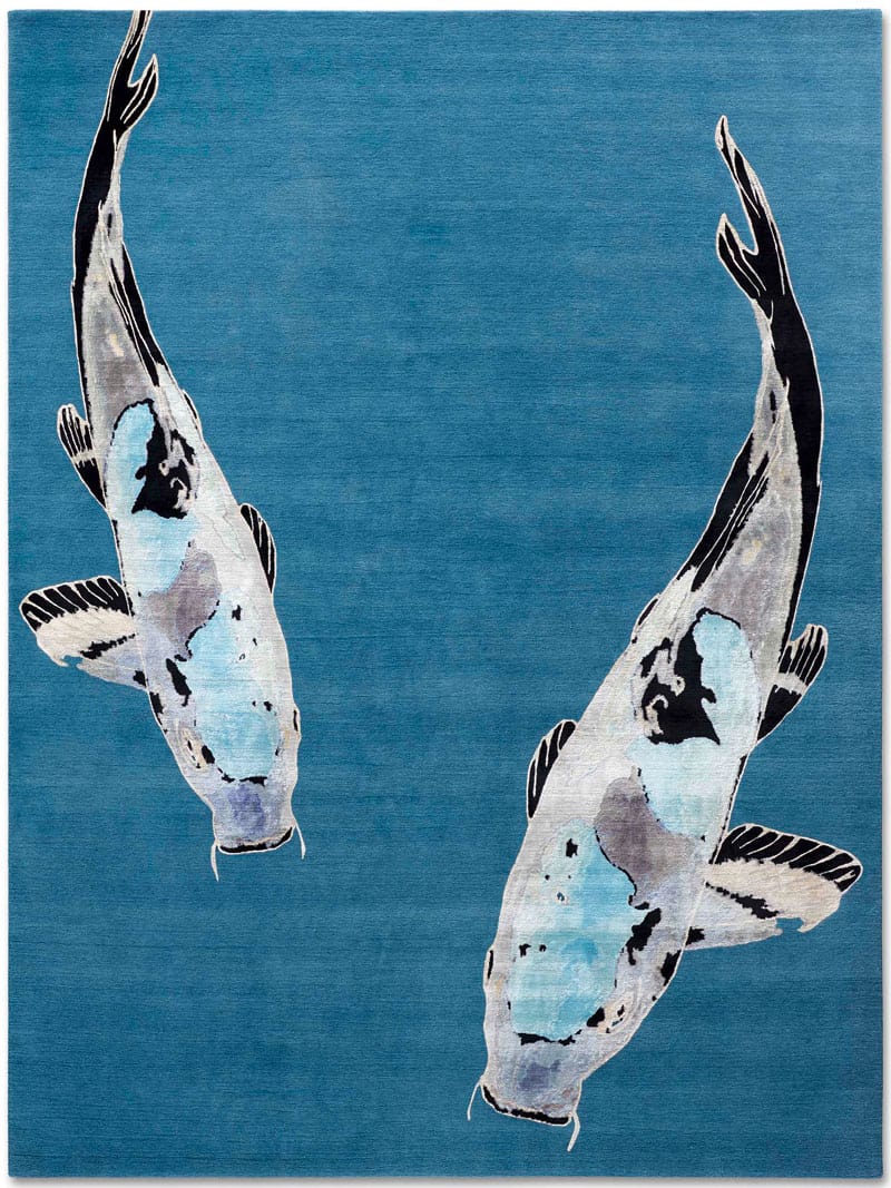 Tapis noué main de luxe Poisson Bleu sur Turquoise