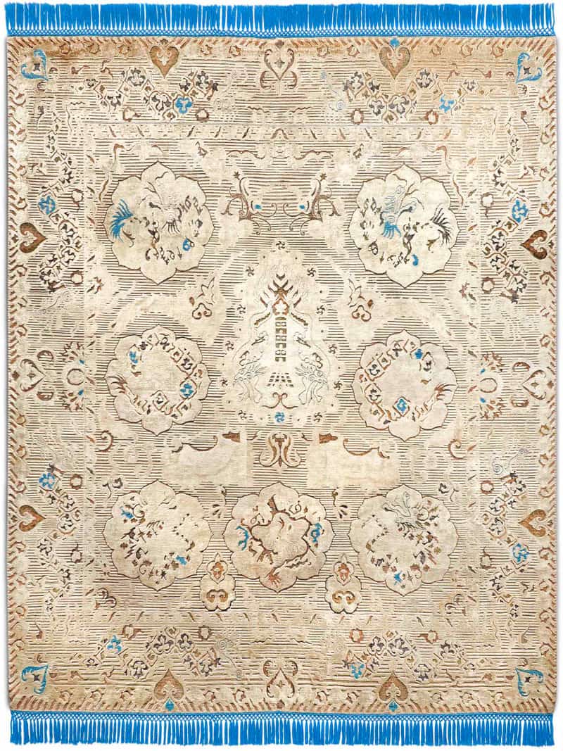 Tapis noué main Dragon Bleu / Beige