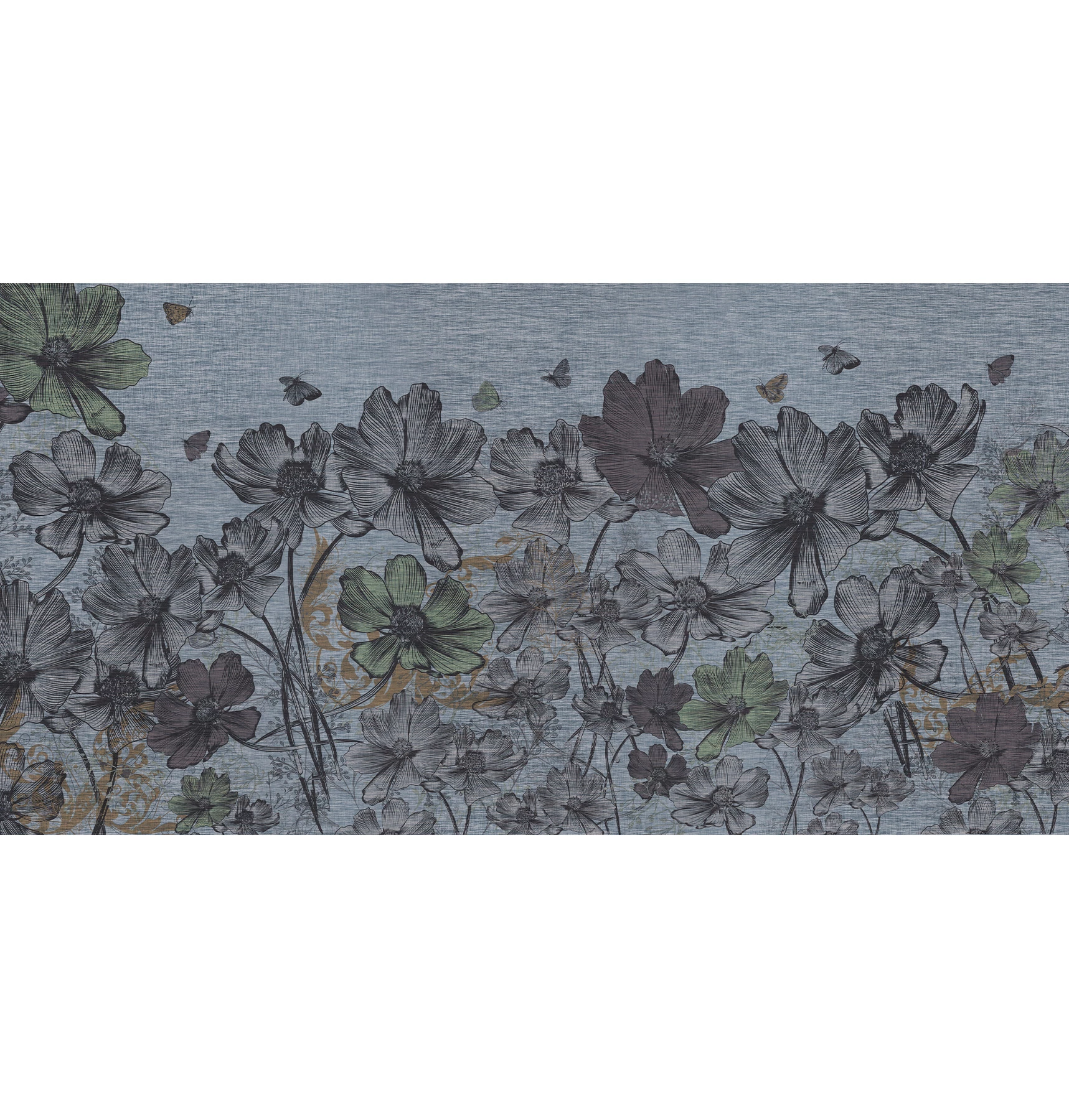 Papier peint fleurs denim