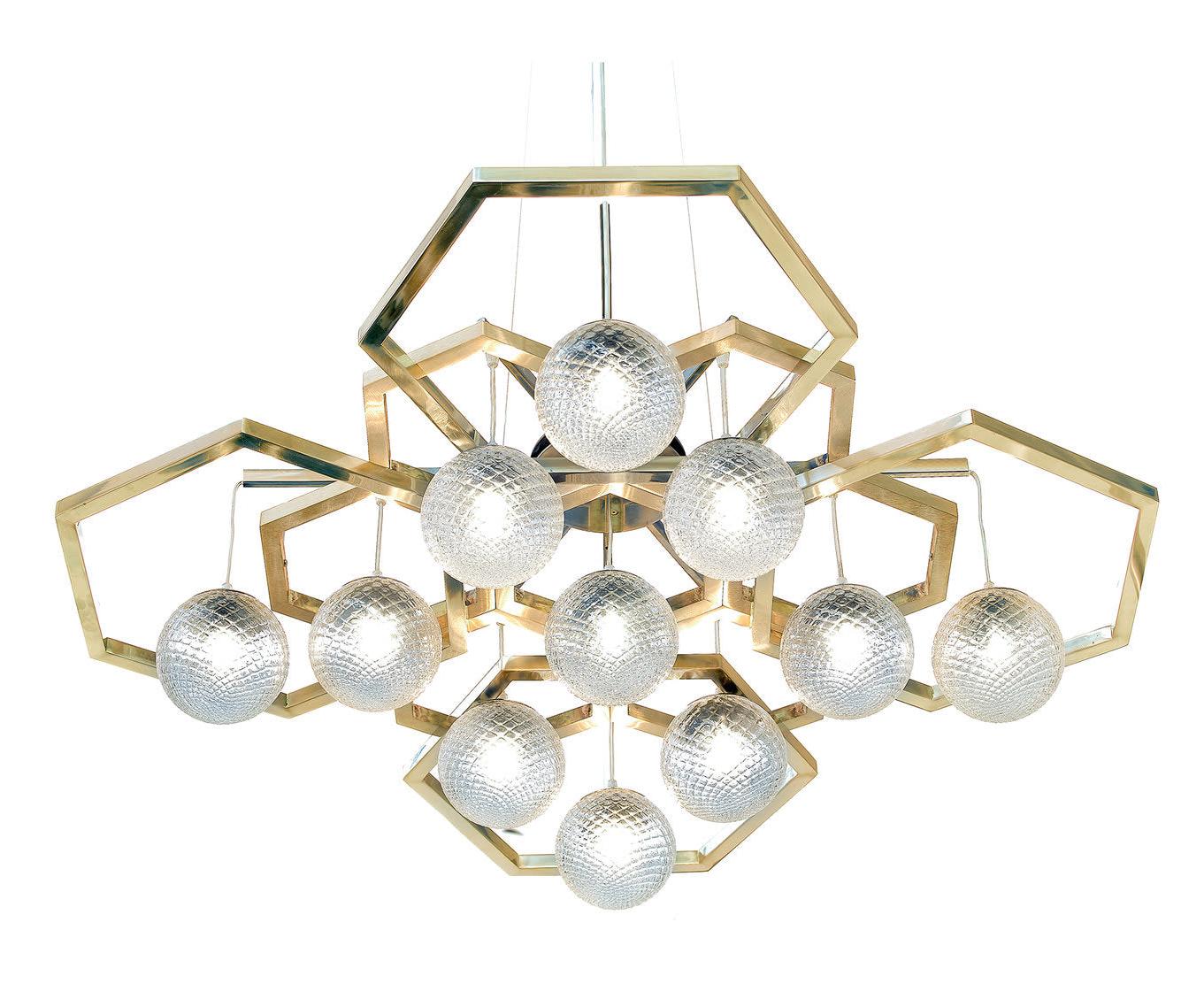 Lustre Hexagonal en Laiton et Verre de Murano
