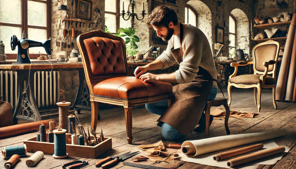 Artisans italiens cousant des revêtements à la main