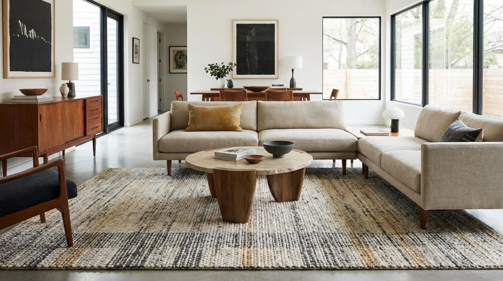 Salon contemporain avec tapis englobant la table basse et les pieds avant du canapé.