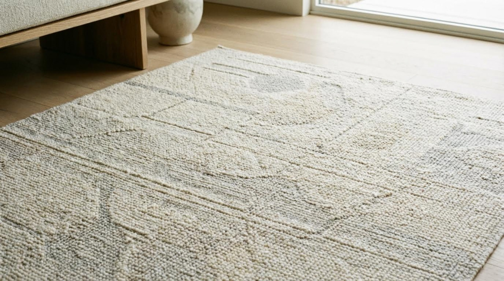 Détail d’un tapis texturé aux motifs subtils, idéal pour un salon de petite taille.