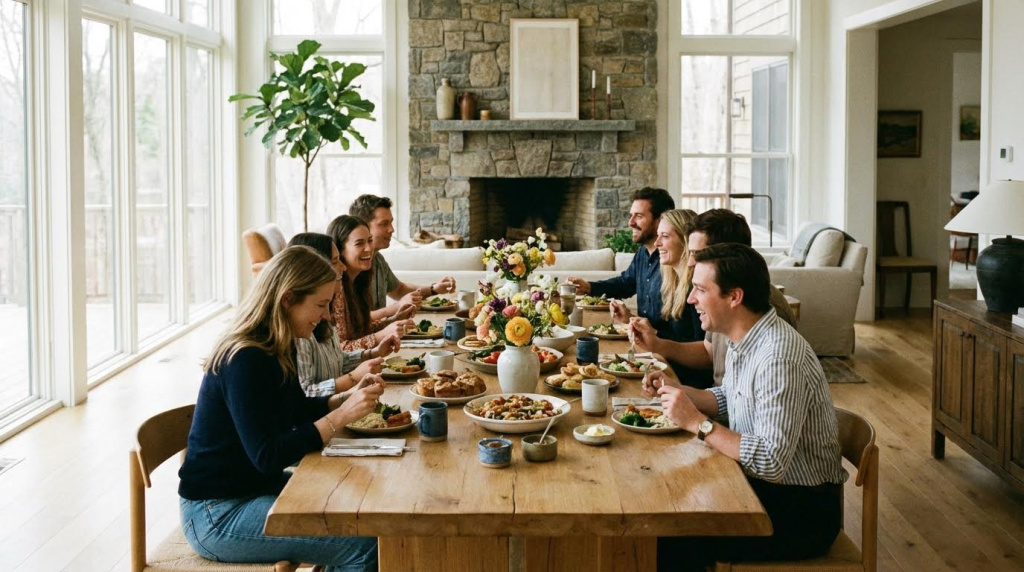 Grande table rectangulaire dans un salon lumineux, parfaitement proportionnée pour accueillir plusieurs convives.
